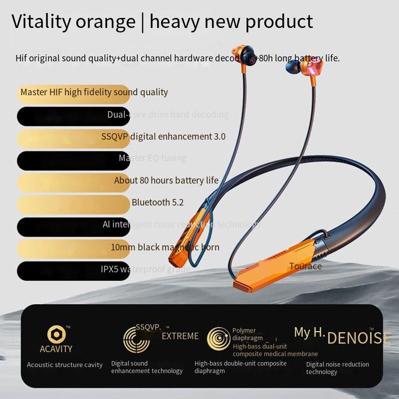 Bluetooth earphones dual noise cancelling bone conduction long endurance sports neck hanging Orange