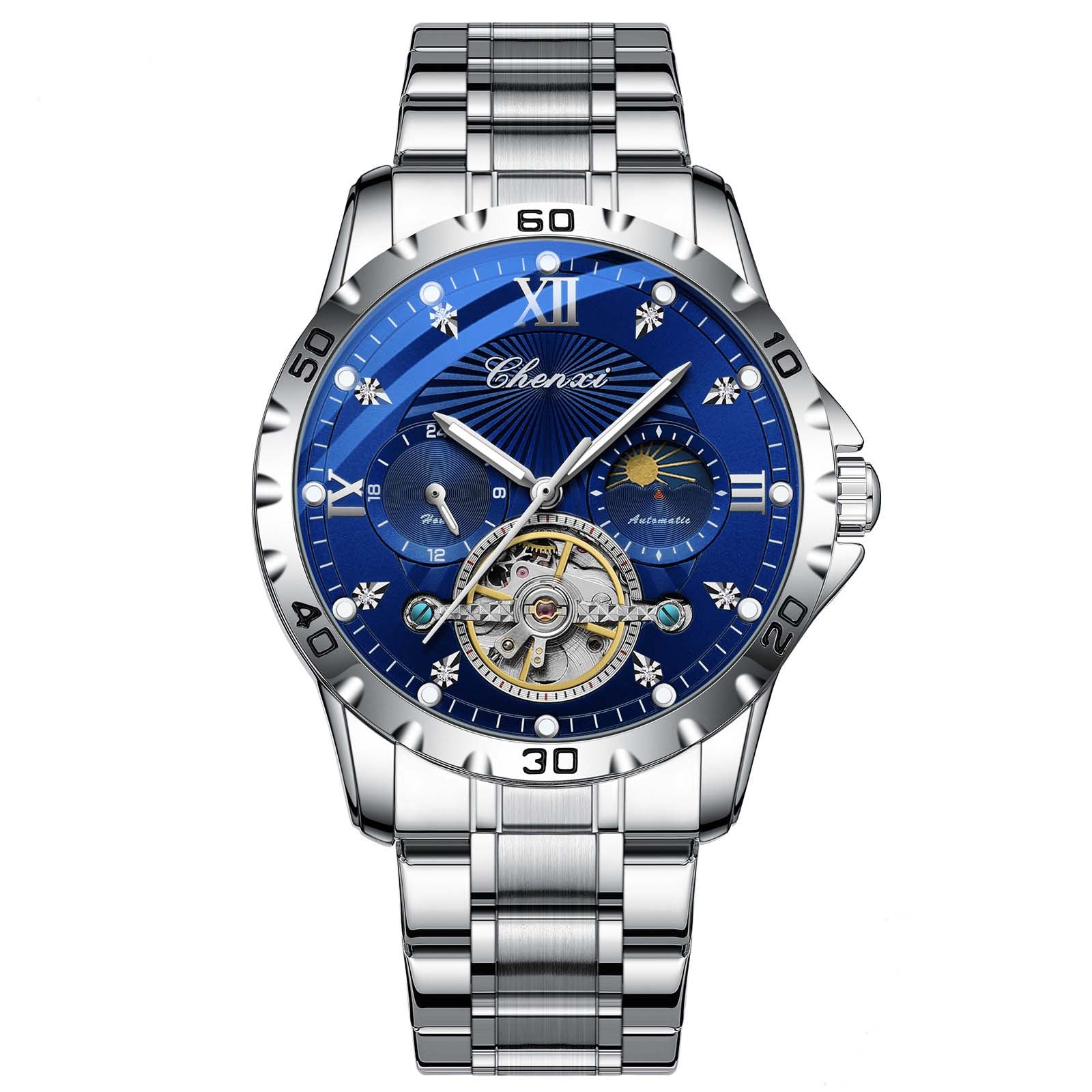 "Mechanical Watch Skeleton Men's Watch Automatic High-End Business Luminous Water-Resistant Flywheel Men's Watch " Blue