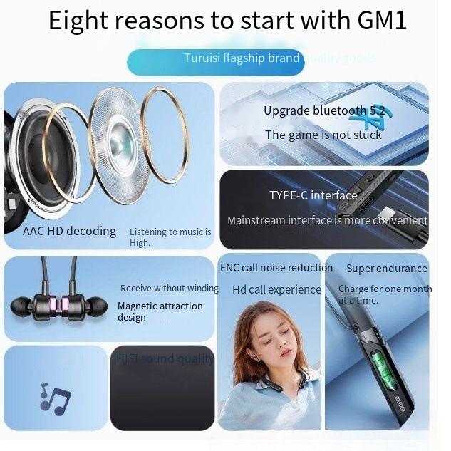 Bluetooth earphones dual noise cancelling bone conduction long endurance sports neck hanging