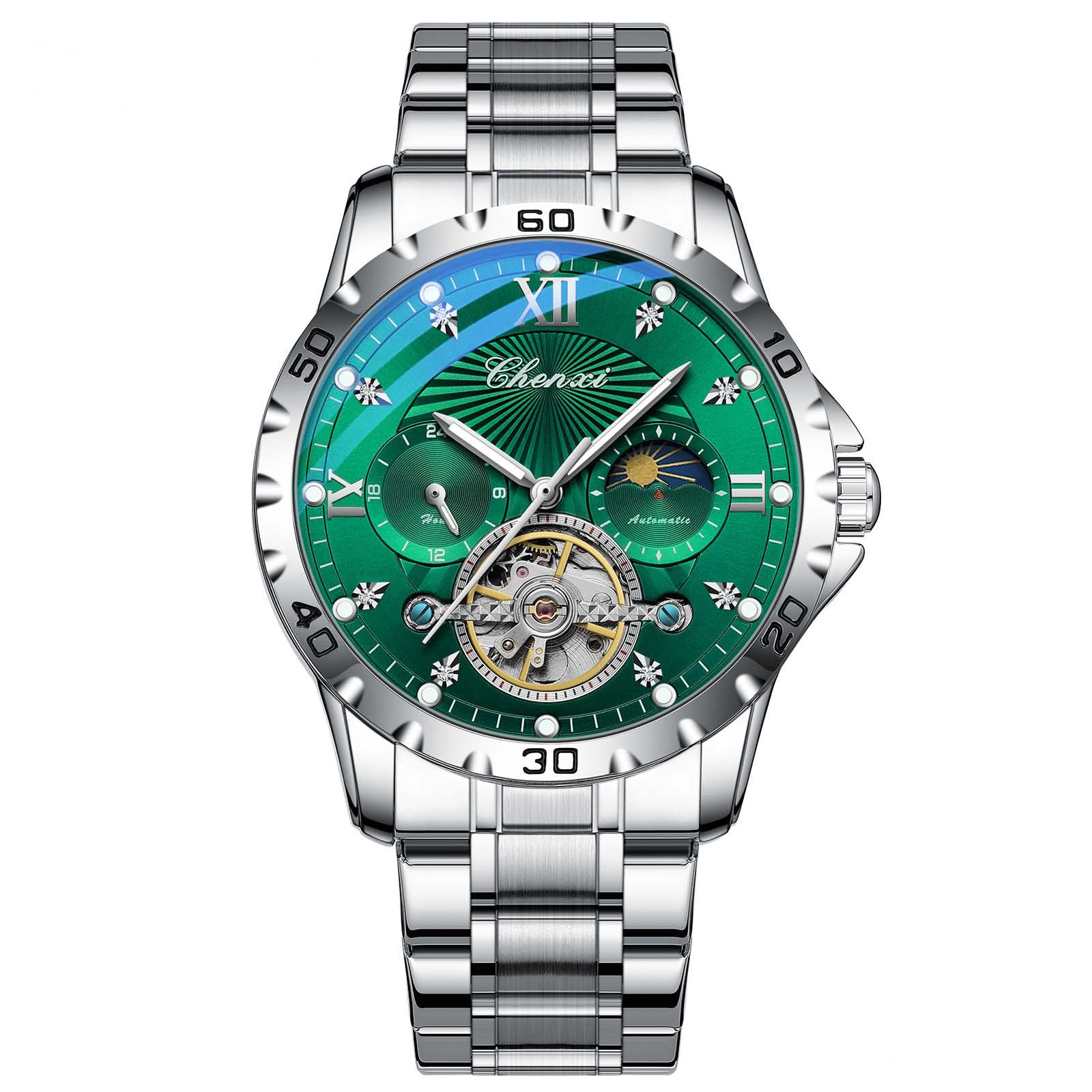 "Mechanical Watch Skeleton Men's Watch Automatic High-End Business Luminous Water-Resistant Flywheel Men's Watch " Green