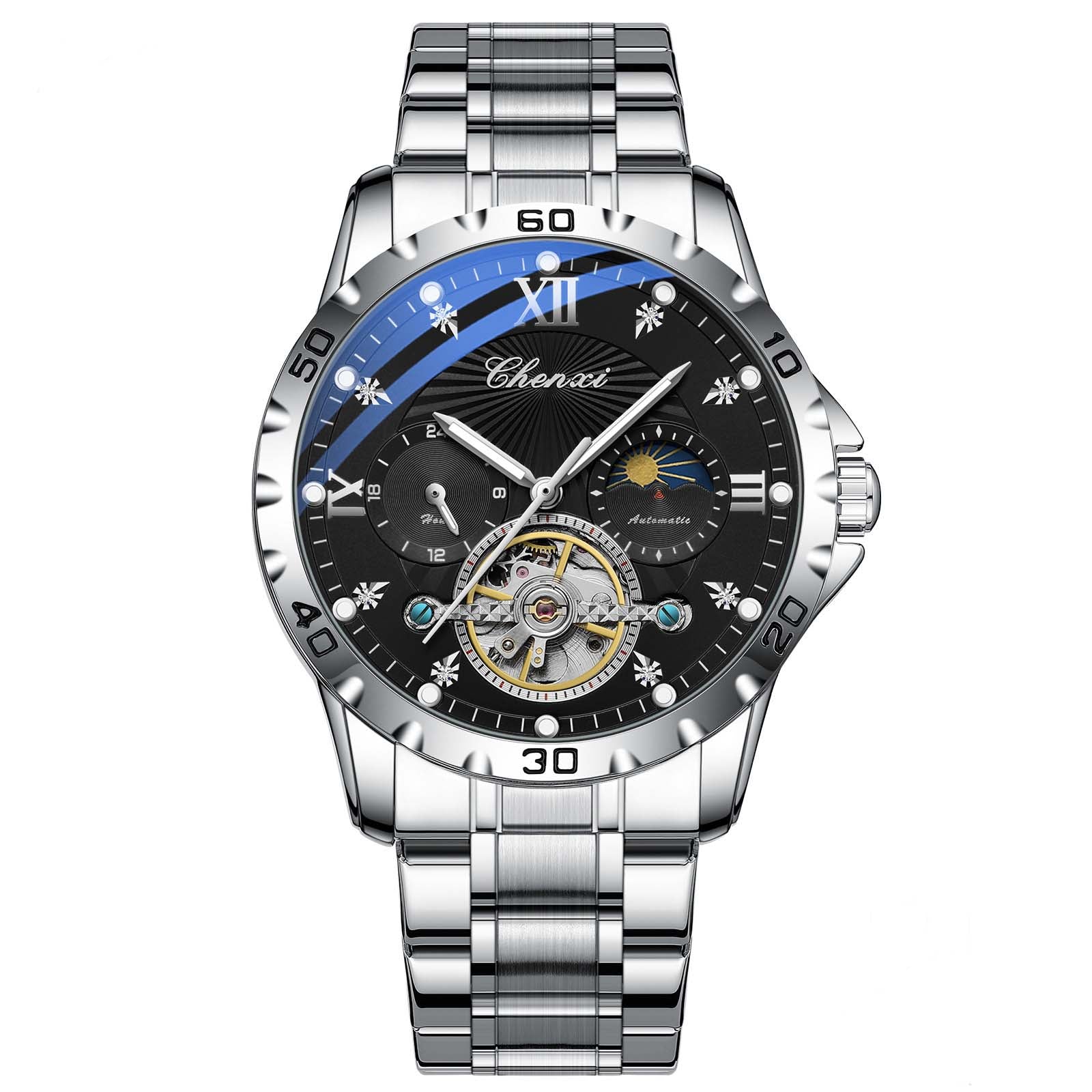 "Mechanical Watch Skeleton Men's Watch Automatic High-End Business Luminous Water-Resistant Flywheel Men's Watch " Black