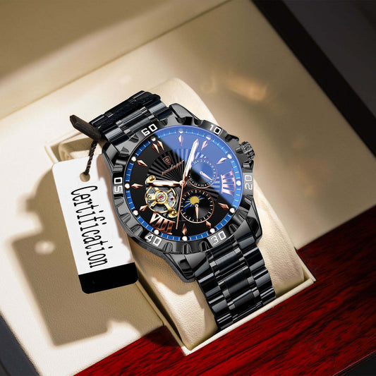 Swiss brand mechanical watch multifunctional men's fully automatic watch night light waterproof live broadcast hot item Black