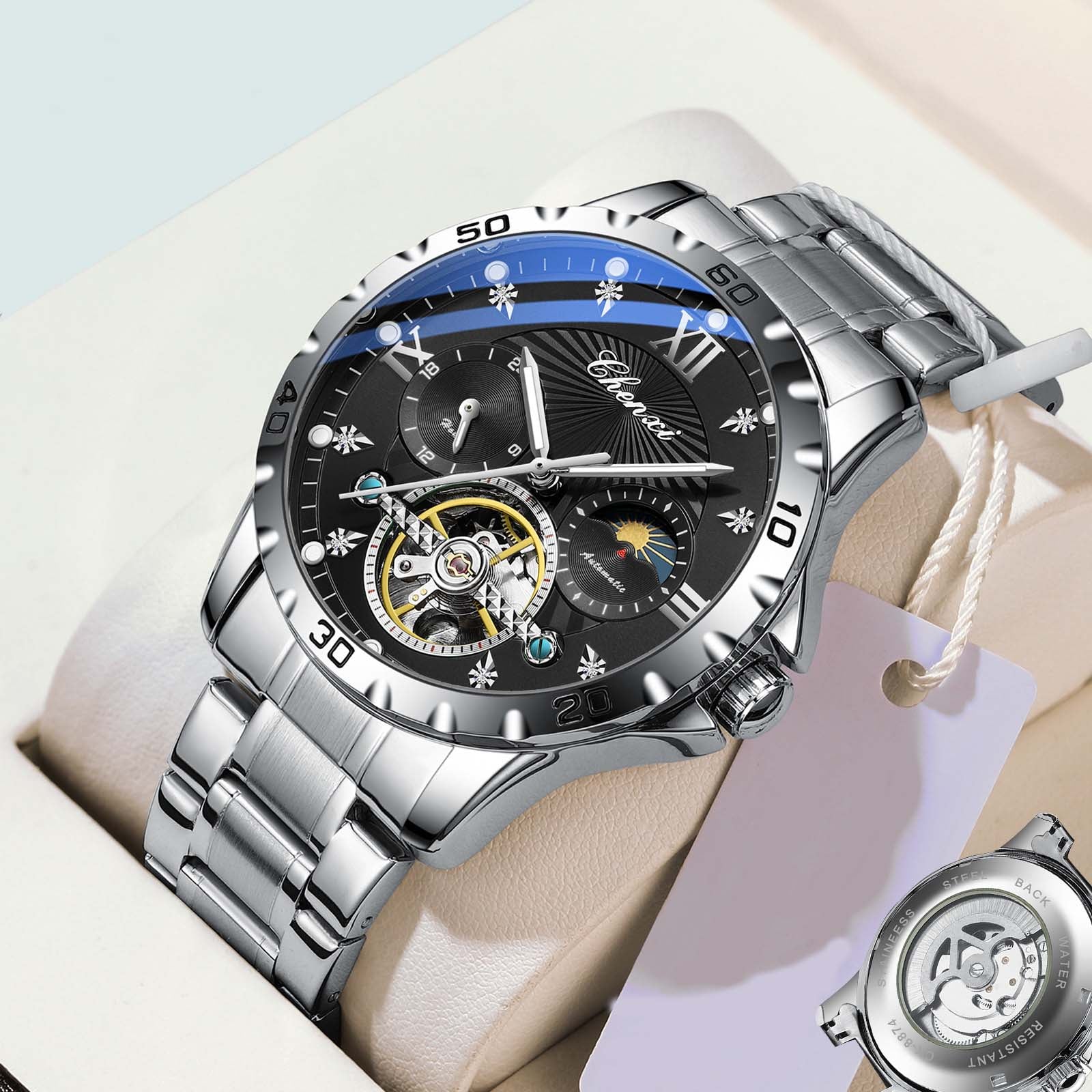 "Mechanical Watch Skeleton Men's Watch Automatic High-End Business Luminous Water-Resistant Flywheel Men's Watch "