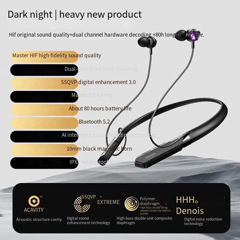 Bluetooth earphones dual noise cancelling bone conduction long endurance sports neck hanging Black