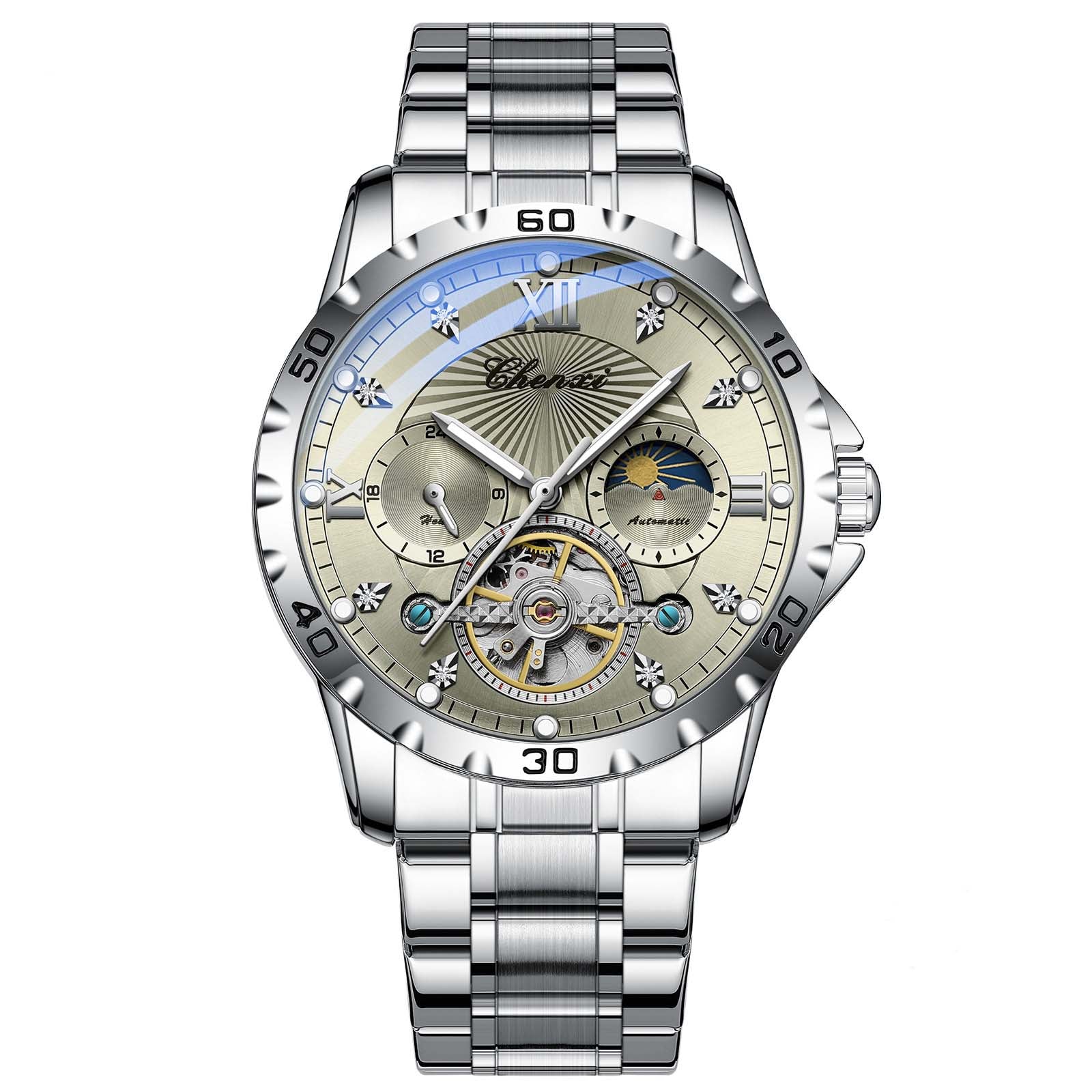"Mechanical Watch Skeleton Men's Watch Automatic High-End Business Luminous Water-Resistant Flywheel Men's Watch " Gray
