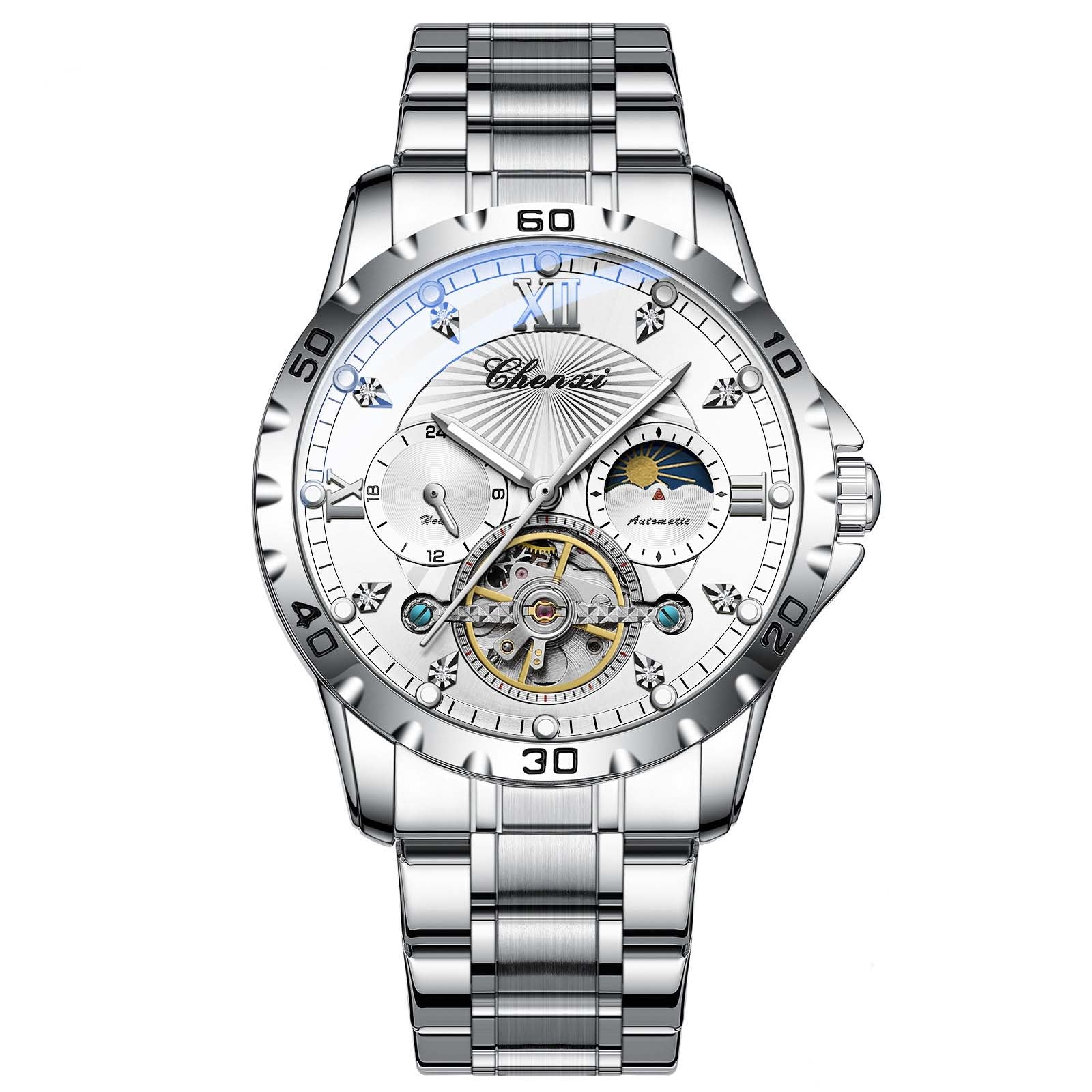 "Mechanical Watch Skeleton Men's Watch Automatic High-End Business Luminous Water-Resistant Flywheel Men's Watch " White