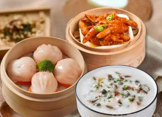 Century egg lean meat Congee+crystal shrimp dumplings+chicken feet