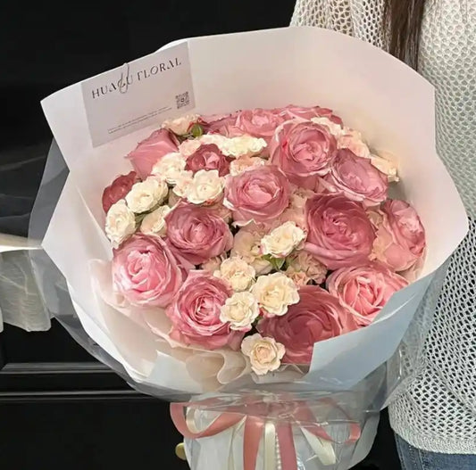 New Chinese Birthday Flowers (Earl Grey Tea) 11 Charcoal Red Roses+Pink Multi Head Roses Mixed Bouquet GIft