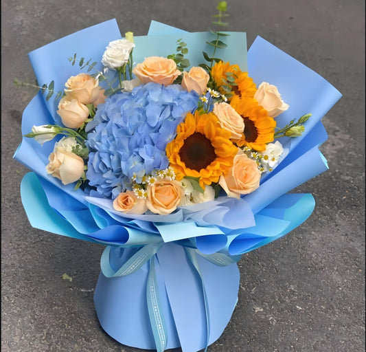 Birthday Flowers (Flower Shop Photo) 1 bouquet of blue hydrangeas mixed with sunflowers, champagne roses Gift