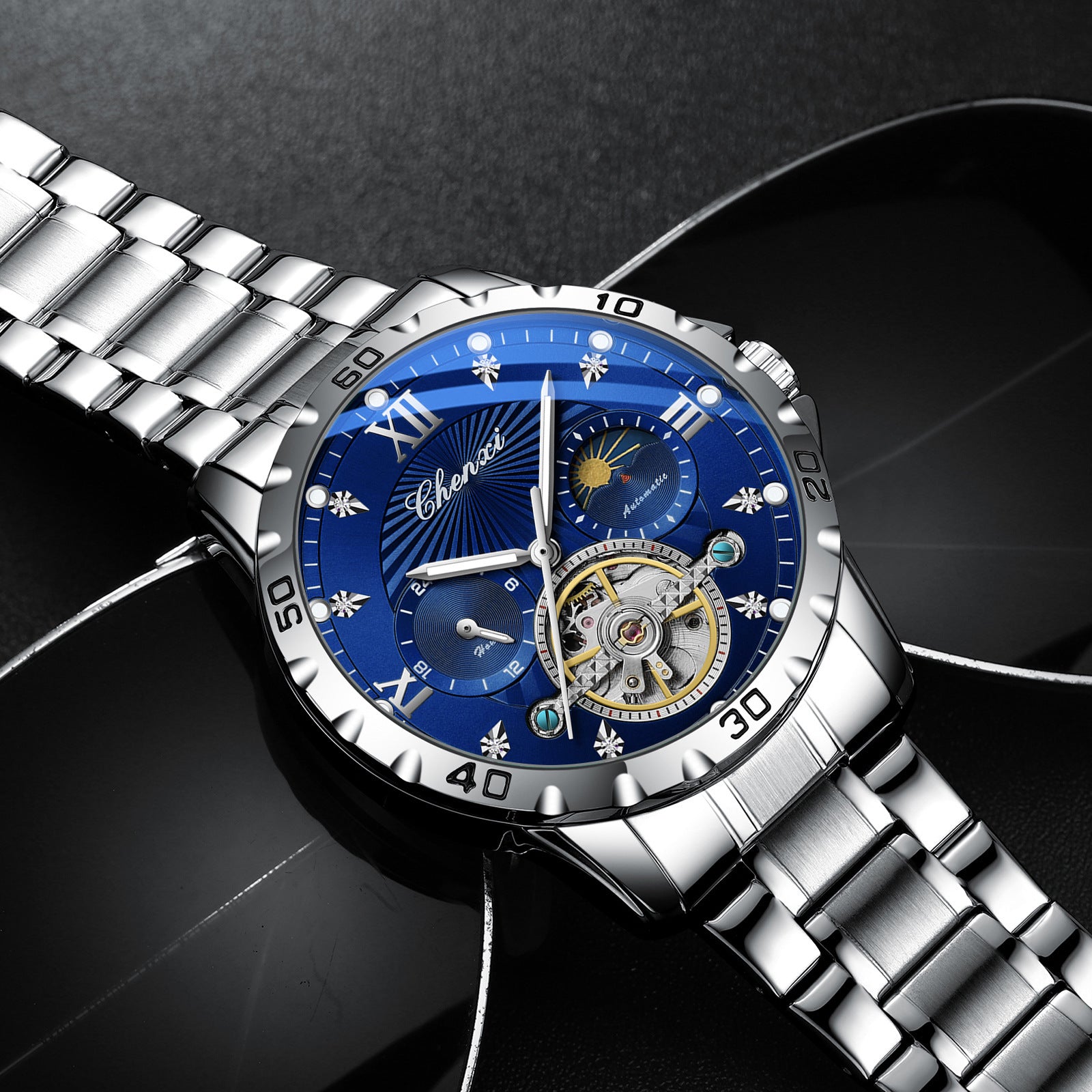 "Mechanical Watch Skeleton Men's Watch Automatic High-End Business Luminous Water-Resistant Flywheel Men's Watch "
