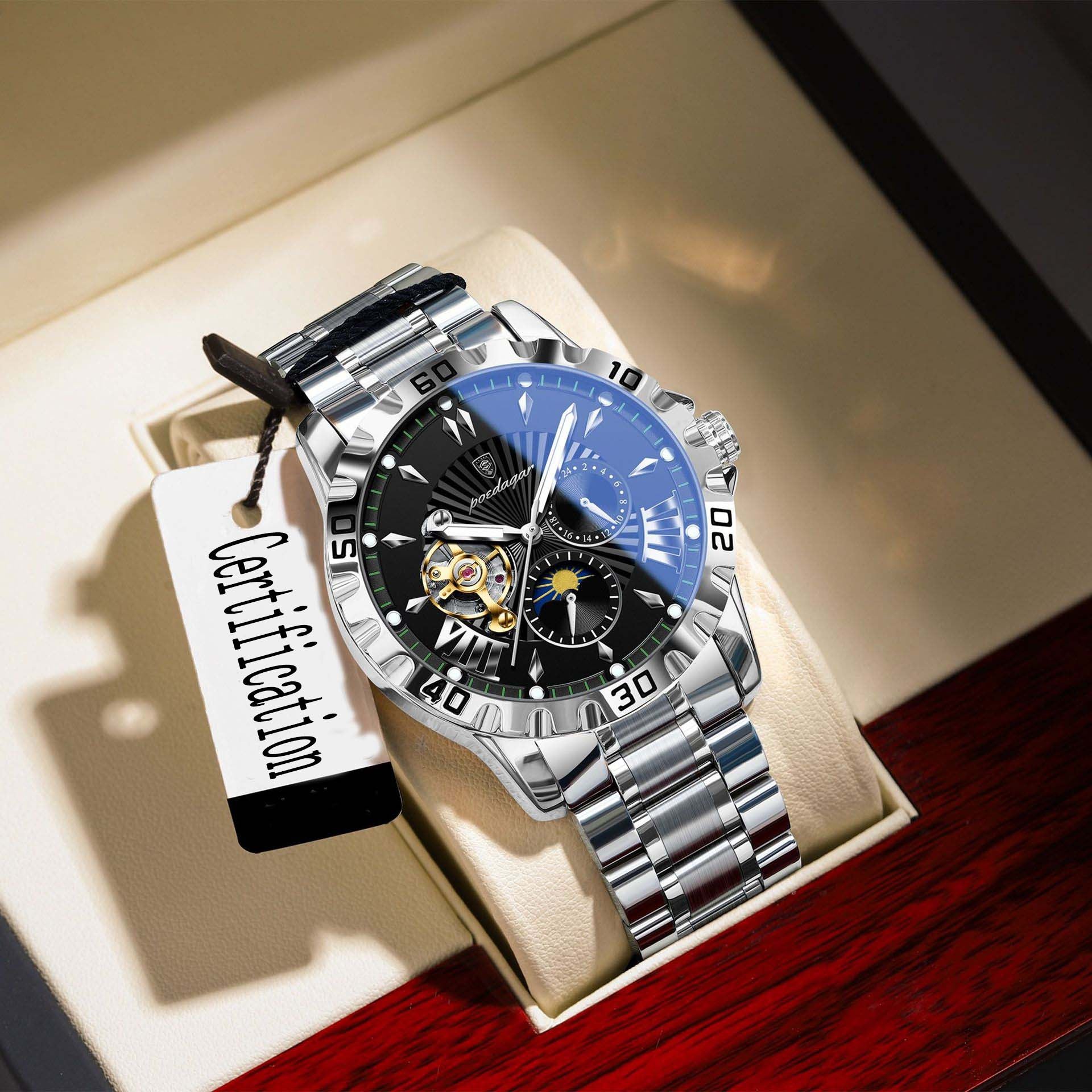 Swiss brand mechanical watch multifunctional men's fully automatic watch night light waterproof live broadcast hot item Silver